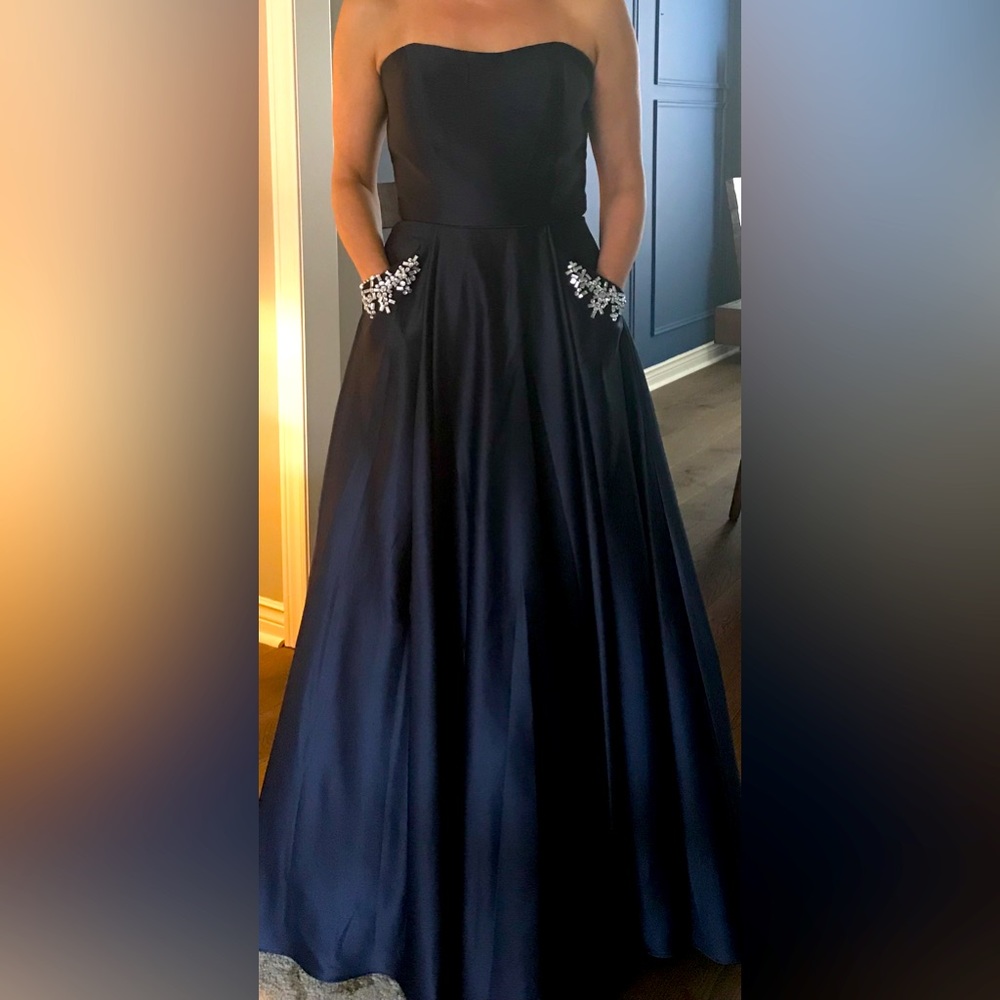 BA Nites Navy Strapless Ball Gown, Size 8 - Picture 1 of 3